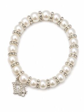 Handmade Pearl and Crystal Logo Charm Stretch Bracelet - White